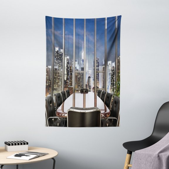 Modern Tapestry, Business Office Conference Room Table Chairs City View at Dusk Realistic Photo, Wall Hanging for Bedroom Living Room Dorm Decor, 40W X 60L Inches, Grey Black Blue, by Ambesonne