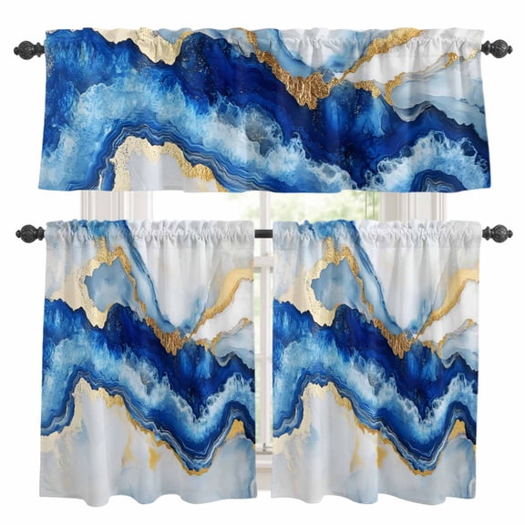Blue Marble Kitchen Curtains Sets for Windows 36 Inch Length, Contemporary Golden Abstract Texture Art Rod Pocket Window Treatments Tier Curtains and Valances Set for Bedroom/Bathroom