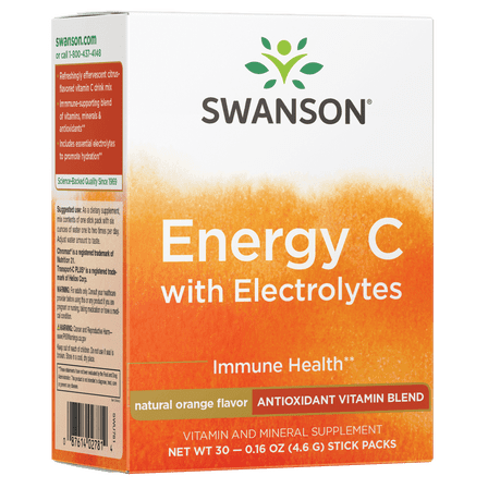 Swanson Energy C 1000mg Vitamin C Powder, with Antioxidants, B Vitamins and Electrolytes for Immune Support, Caffeine Free Vitamin C Supplement Fizzy Drink Mix, Orange Flavor -30 Count/1 Month Supply