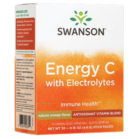 Swanson Energy C 1000mg Vitamin C Powder, with Antioxidants, B Vitamins and Electrolytes for Immune Support, Caffeine Free Vitamin C Supplement Fizzy Drink Mix, Orange Flavor -30 Count/1 Month Supply