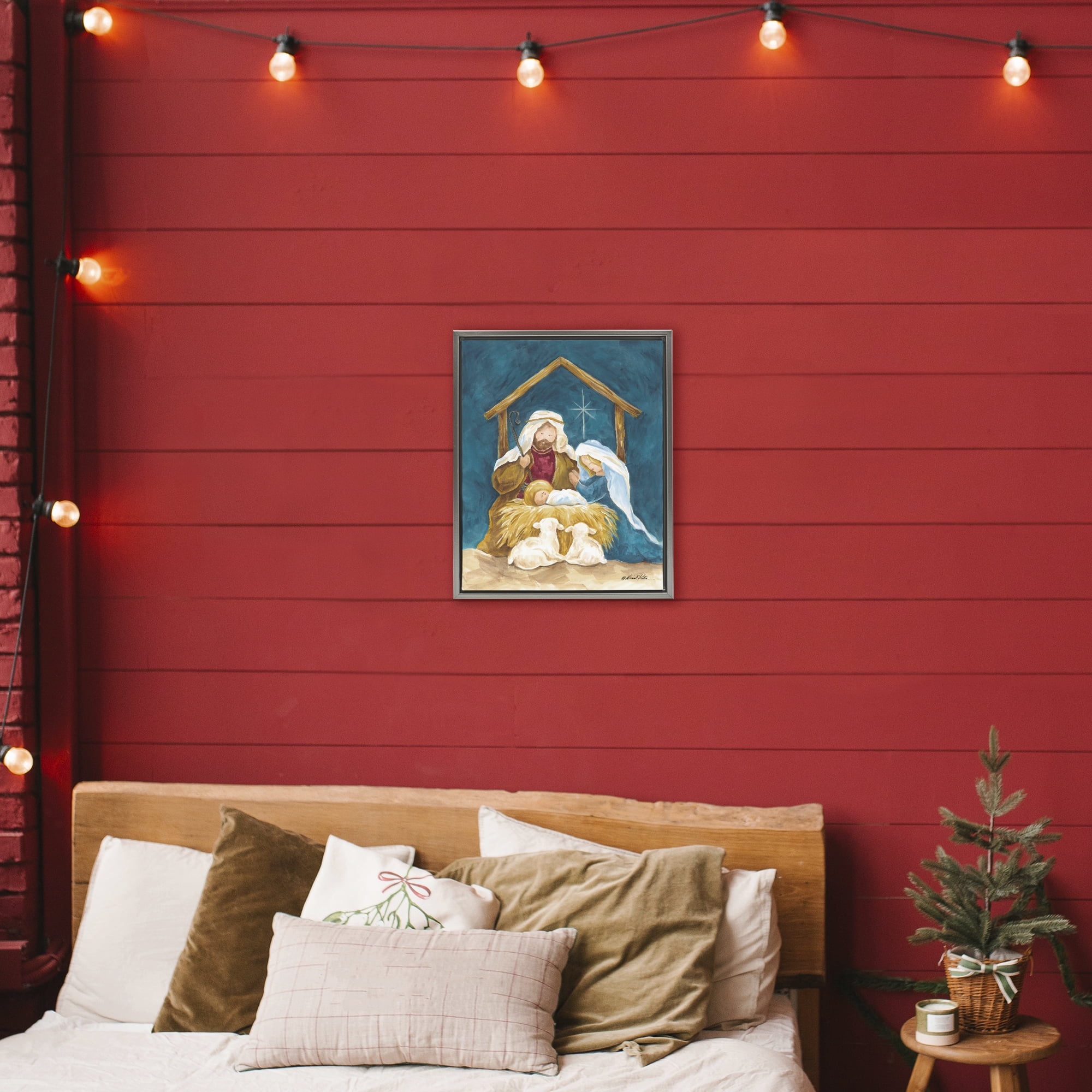 Comforting Nativity Painting Gray Framed Floater Canvas Wall Art, design by Diane Kater