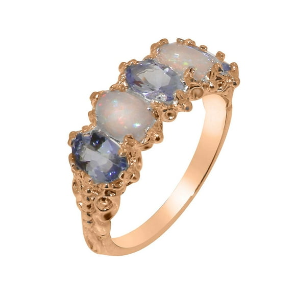 LBG British Made 14k Rose Gold Natural Tanzanite & Opal Womens Eternity Ring - 33 size options - Size 10