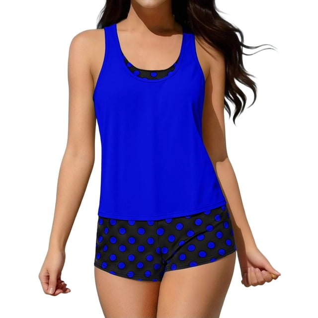 TaTaai 2026 Women‘s Three Piece Tankini Set Solid Color Sleeveless Top Floral Print Patchwork High Waisted Ruched Bikini Bottoms Removable Bra Cups Adjustable Straps L All Season Gift