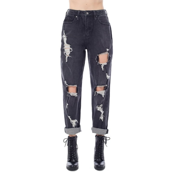 MixMatchy Women's High Rise Distressed Front Flare Bell Roll Cuff Jean