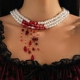 thumbnail image 2 of Blood Pearl Necklace for Women Blood Necklace Vampire Costume Jewelry Dripping Bloody Choker Necklaces Pearl Choker Halloween Party Costume, 2 of 14
