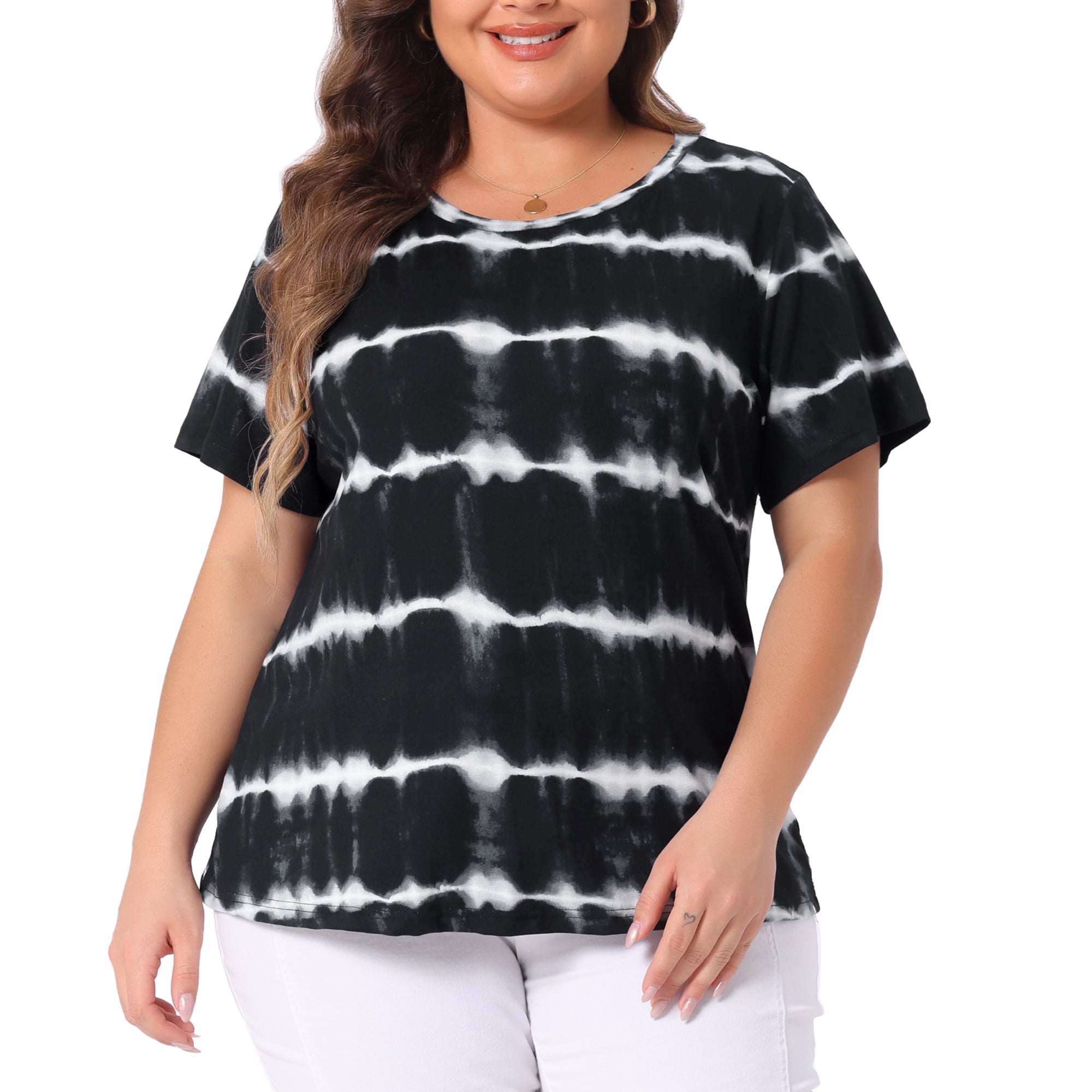 Unique Bargains Women's Plus Size Round Neck Short Sleeve Tie Dye Tops 4X Black