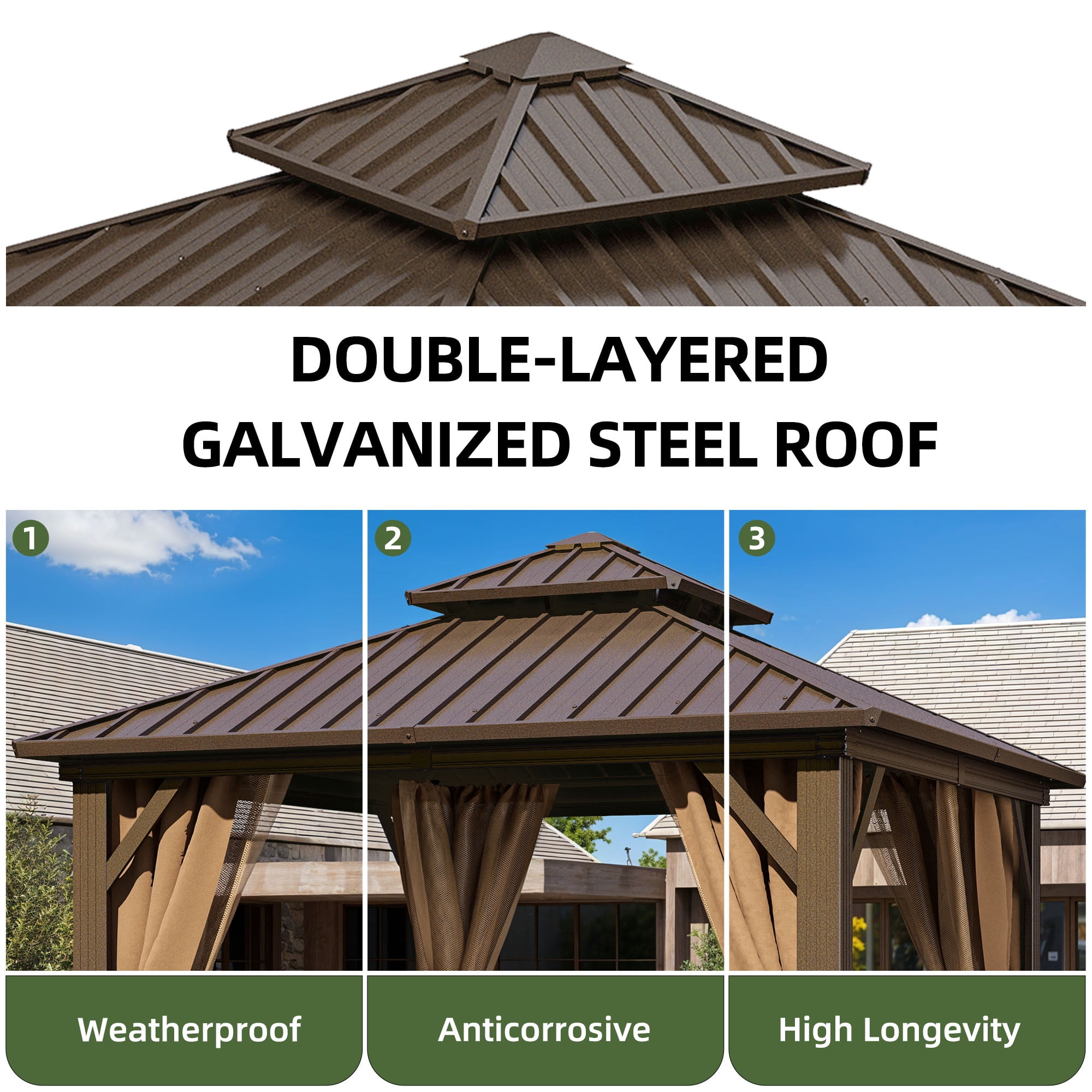 Uforic 10x10 FT Hardtop Gazebo, Heavy Duty Gazebo with Nettings and Curtains, Galvanized Steel Double Roof Gazebo,for Garden, Patio, Lawns,Bronze