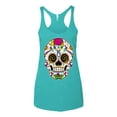 thumbnail image 2 of Wild Bobby Day Of The Dead Sugar Skull Pop Culture Women Tri-Blend Racerback Tank Top, Tahiti Blue, Large, 2 of 5