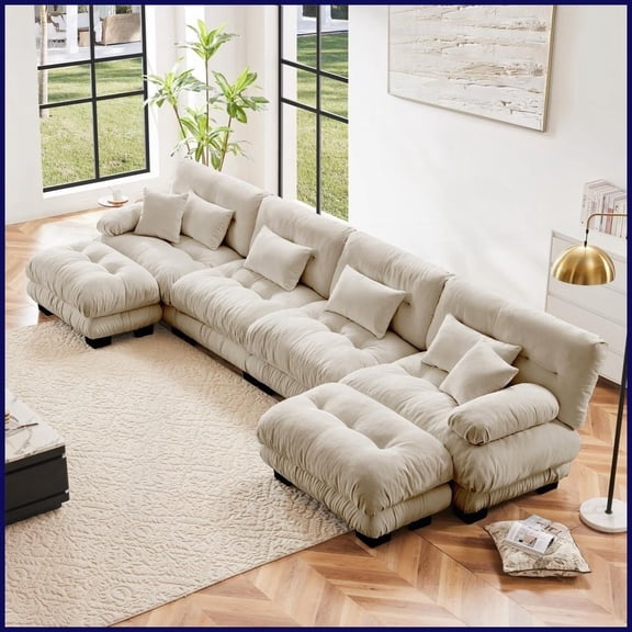 Modular 4-Seater U-Shaped Chenille Sectional Sofa with 2 Ottomans - Light Coffee Comfy Cloud Couch for Living Room