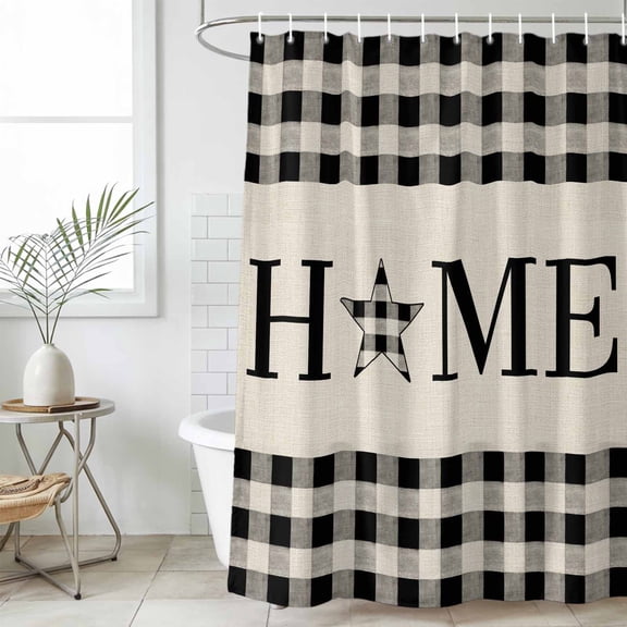 Bathroom Shower Curtain Home Text Buffalo Plaid Waterproof Shower Curtains with Hooks, Retro Linen Black Checkered Bath Curtains Bathtub Curtain Home Decor 36x72in