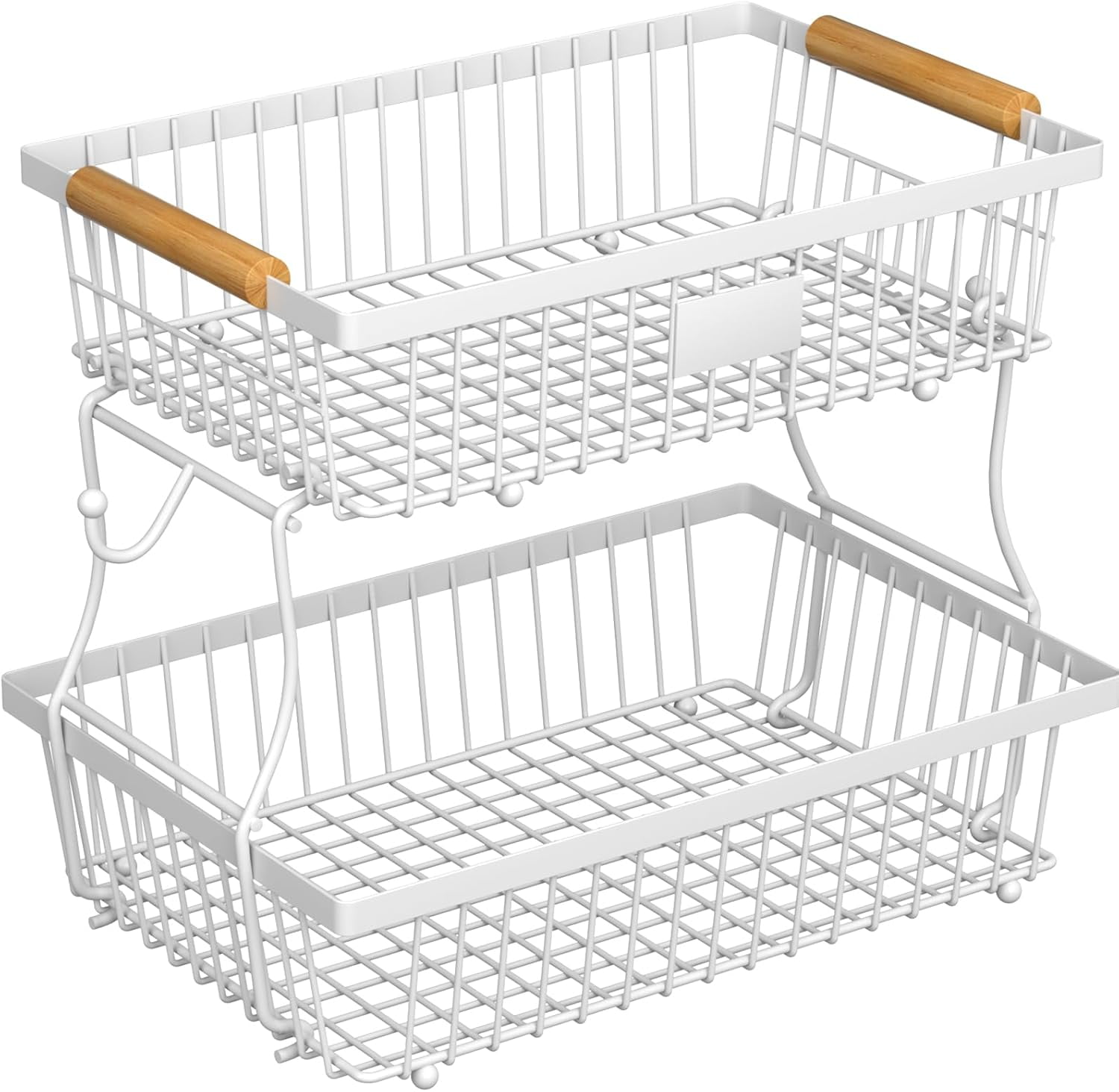 2 Tier Fruit Basket for Kitchen Counter with 2 Banana Hangers, Countertop Metal Bread Basket with Wooden Handle, Large Storage Stand for Vegetables, Snacks, Eggs, Produce Storage – Black