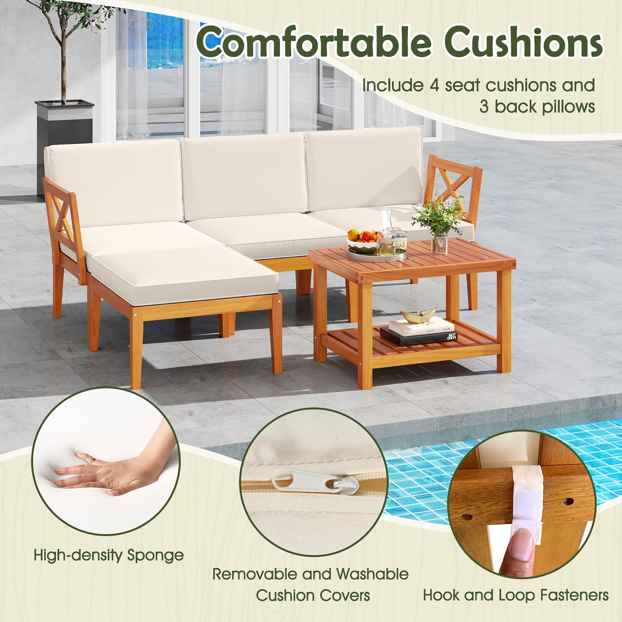 Gymax 5 PCS Acacia Wood Patio Furniture Set w/ 2-Tier Coffee Table and Cushions