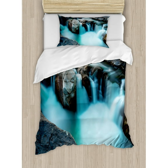 Ambesonne Nature Duvet Cover Set, Waterfall Basalt Rocks, Twin, Sky Blue Grey Green