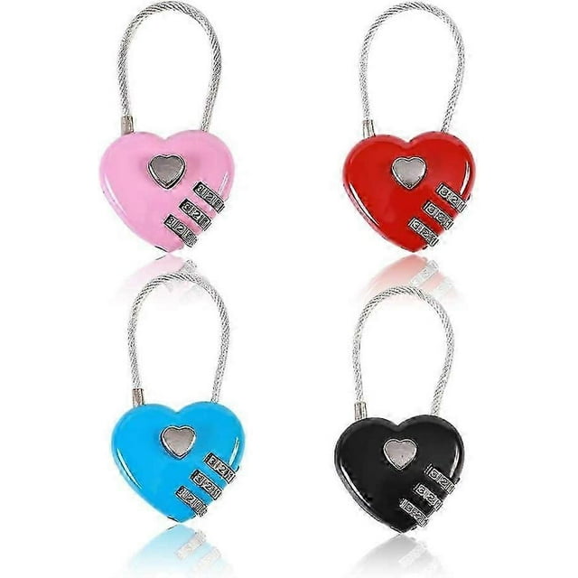 4pcs Heart Padlock, Combination Lock Mini Code Lock Wire Rope 3-Digit Code Combination Padlock Couple Padlock Resettable Password Luggage Lock Box