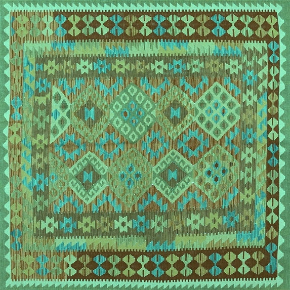 Ahgly Company Machine Washable Indoor Square Southwestern Turquoise Blue Country Area Rugs, 7' Square