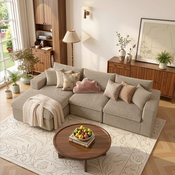96" Boneless Couches for Living Room, Modular L Shaped Couch with Deep Seat, Upholstered Corduroy Cloud Couch for Apartment Bedroom, No Assembly Needed