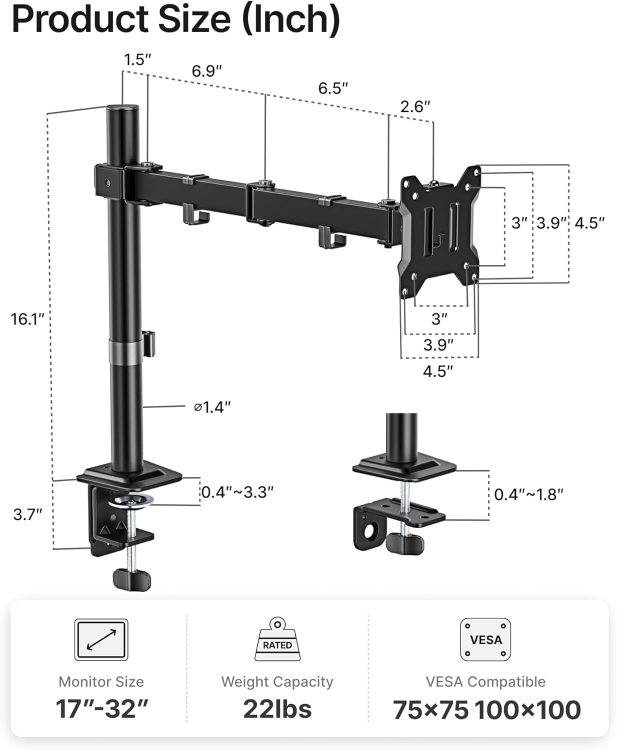 monTEK Single Monitor Stand for 17"–32" Screens, Fully Adjustable Monitor Arm Desk Mount up to 22 lb, C-Clamp & Grommet Base, VESA 75/100mm Computer Monitor Mount, Black