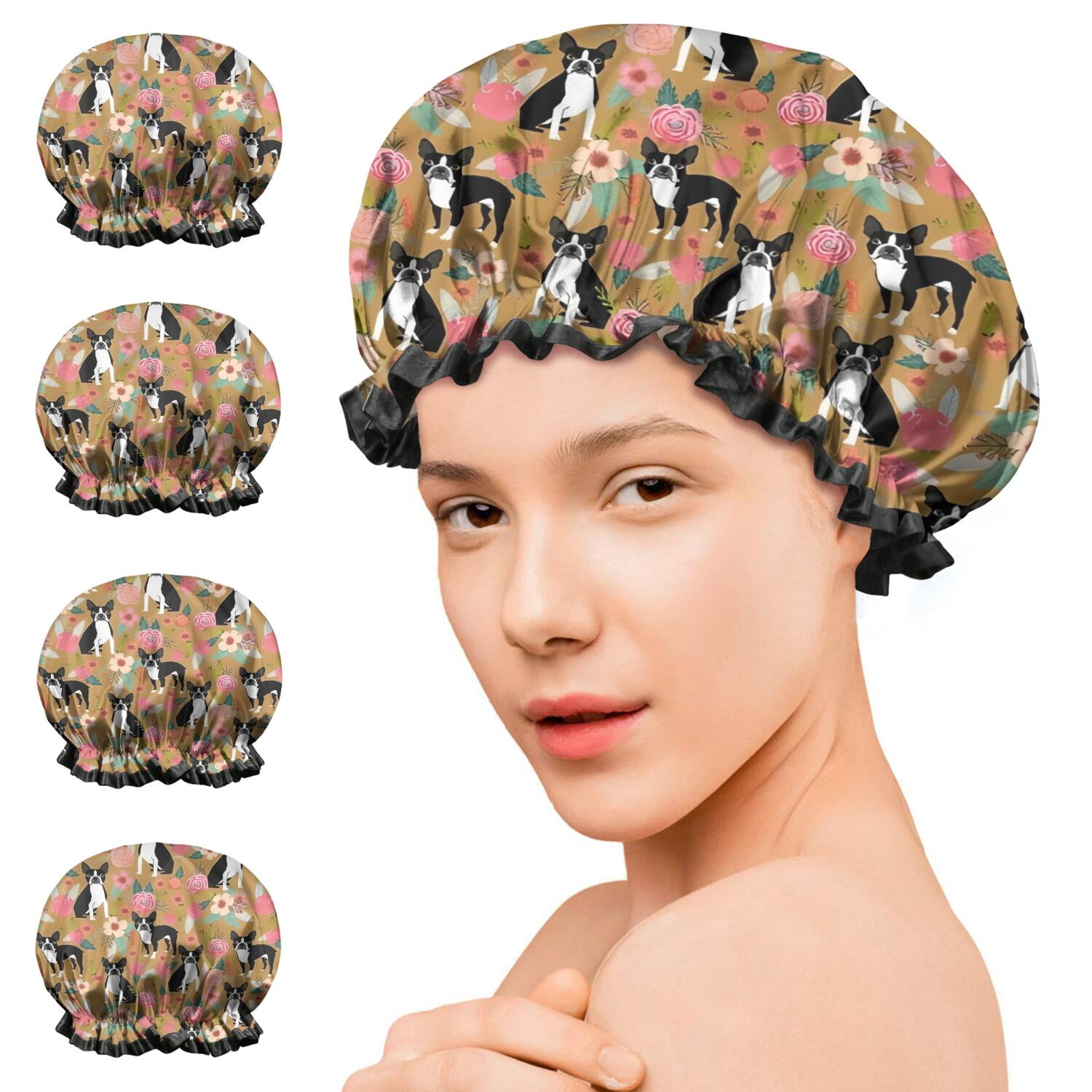 Shower Caps,Boston Terrier and Flower Waterproof Shower Cap for Women 4 Pieces,Double Reusable Hair Cover for Shower PEVA Elastic Stretch Hem
