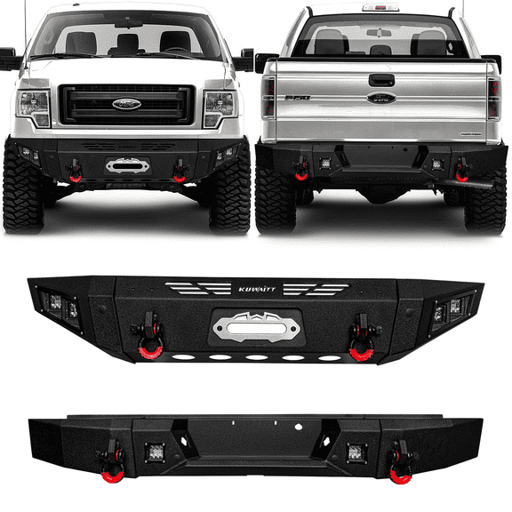 TIOYAR Steel Front and Rear Bumper for 2009-2010-2011-2012-2013-2014 Ford F150 (Not fit Raptor) With Winch Plate&Square Lights (Black Texture)