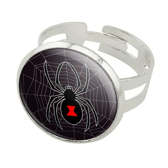 Black Widow Spider on Web Silver Plated Adjustable Novelty Ring