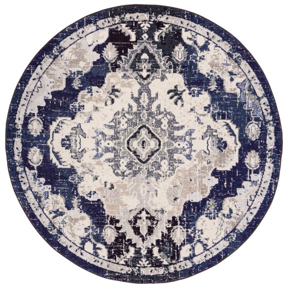 SAFAVIEH Madison Elinor Traditional Distressed Area Rug, Black Purple/Beige, 6'7" x 6'7" Round