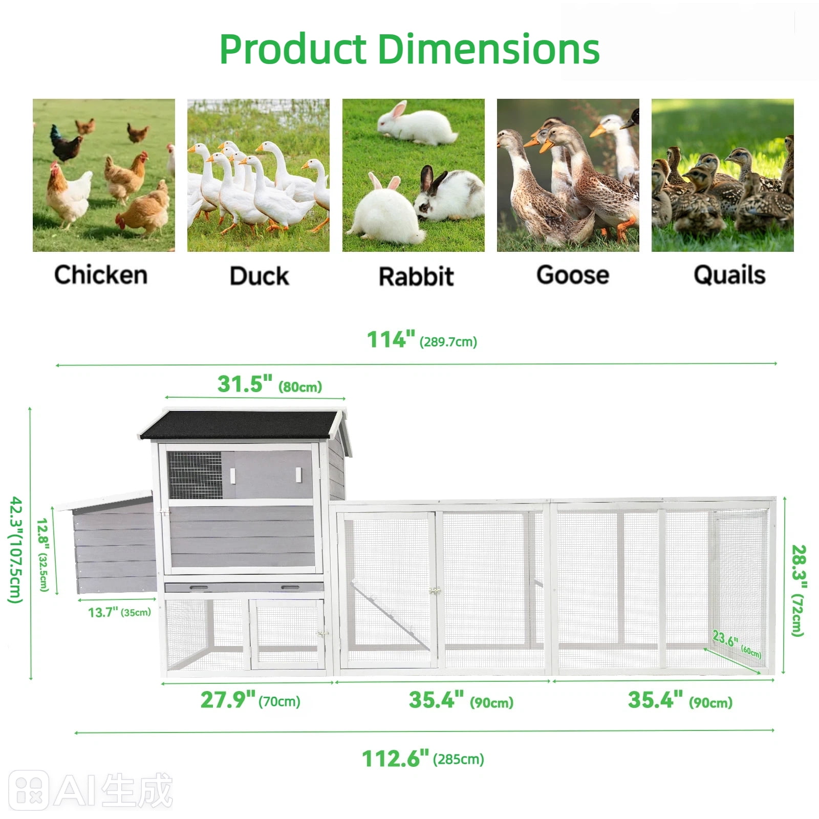 Gray Wooden Chicken Coop, Large Outdoor Hen House with Run and Nesting Box Poultry Cage, Rabbit Hutch, Waterproof Anti-UV Panel for Backyard