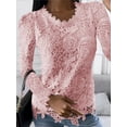 thumbnail image 2 of Blusa de manga larga con cuello redondo para mujer, camisa Sexy de retales de encaje blanco, Top de malla, camisas elegantes ahuecadas, rosa, primavera 2024, 2 of 5