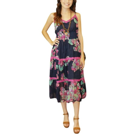 Fit Liners - Mogul Dark Blue Pink Floral Midi Dress Beautiful Sleeveless Lace Work Fit AND Flare Shirred Waist Liner Slip Long Dresses M