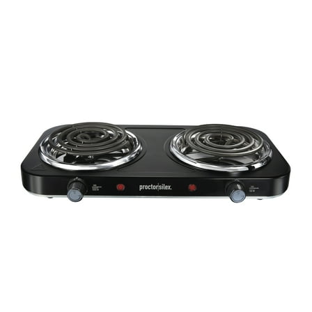 (Open Box) Proctor Silex Electric Double Burner Cooktop with Adjustable Temperature, Portable, Stainless Steel Plates, Black, 34115