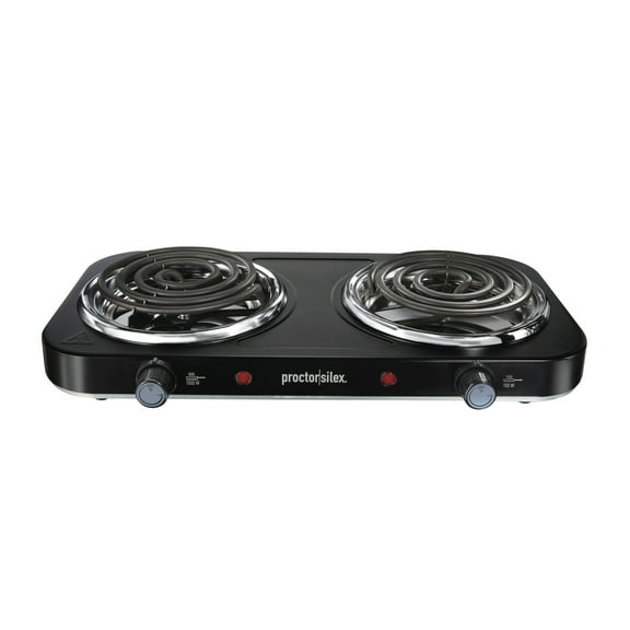 (Open Box) Proctor Silex Electric Double Burner Cooktop with Adjustable Temperature, Portable, Stainless Steel Plates, Black, 34115