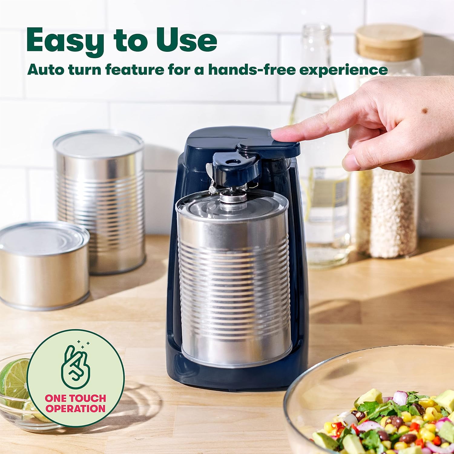 Electric Can Opener and Knife Sharpener, Multifunctional Jar and Bottle Opener with Removable Cutting Lever and Cord Storage, Stainless Steel Blade, Sage