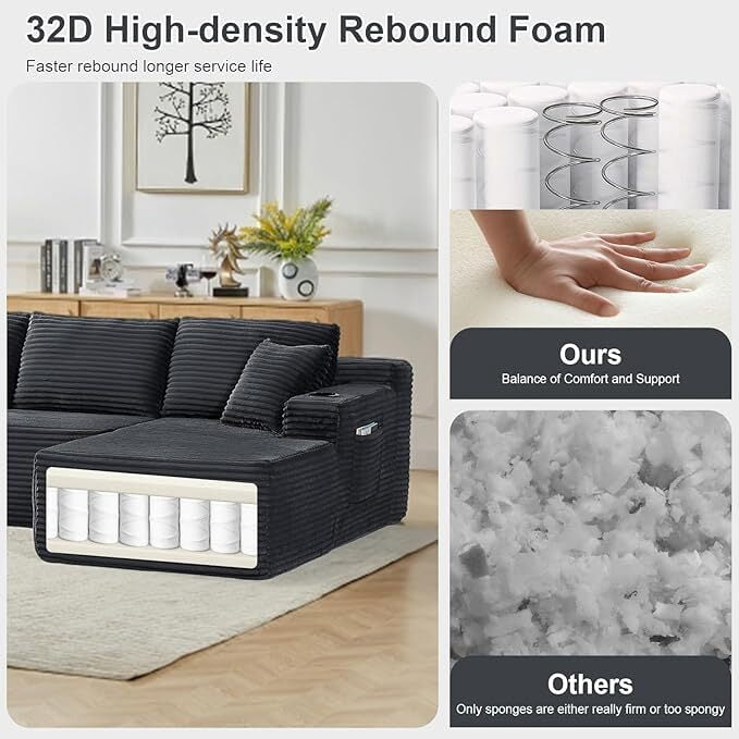 Vinform 134" Cloud Couch Modular Sectional Sofa, 5 Seat U Shaped Convertible Couch Corduroy Thick Cushion with Side Pockets and Toss Pillows for Living Room, Gray