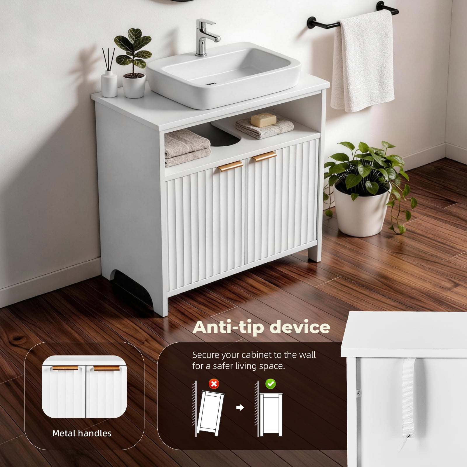 Ktaxon Fluted Bathroom Vanity Under Sink Pedestal with Two Doors and One Shelf, White