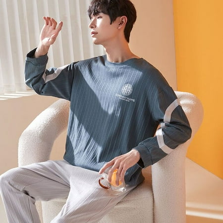 

PIKADINGNIS Mens Pajama Sets Autumn Winter Warm Men Sleepwear Long Sleeve Cotton Pajamas for Men Elastic Waist Pant Leisure Homewear