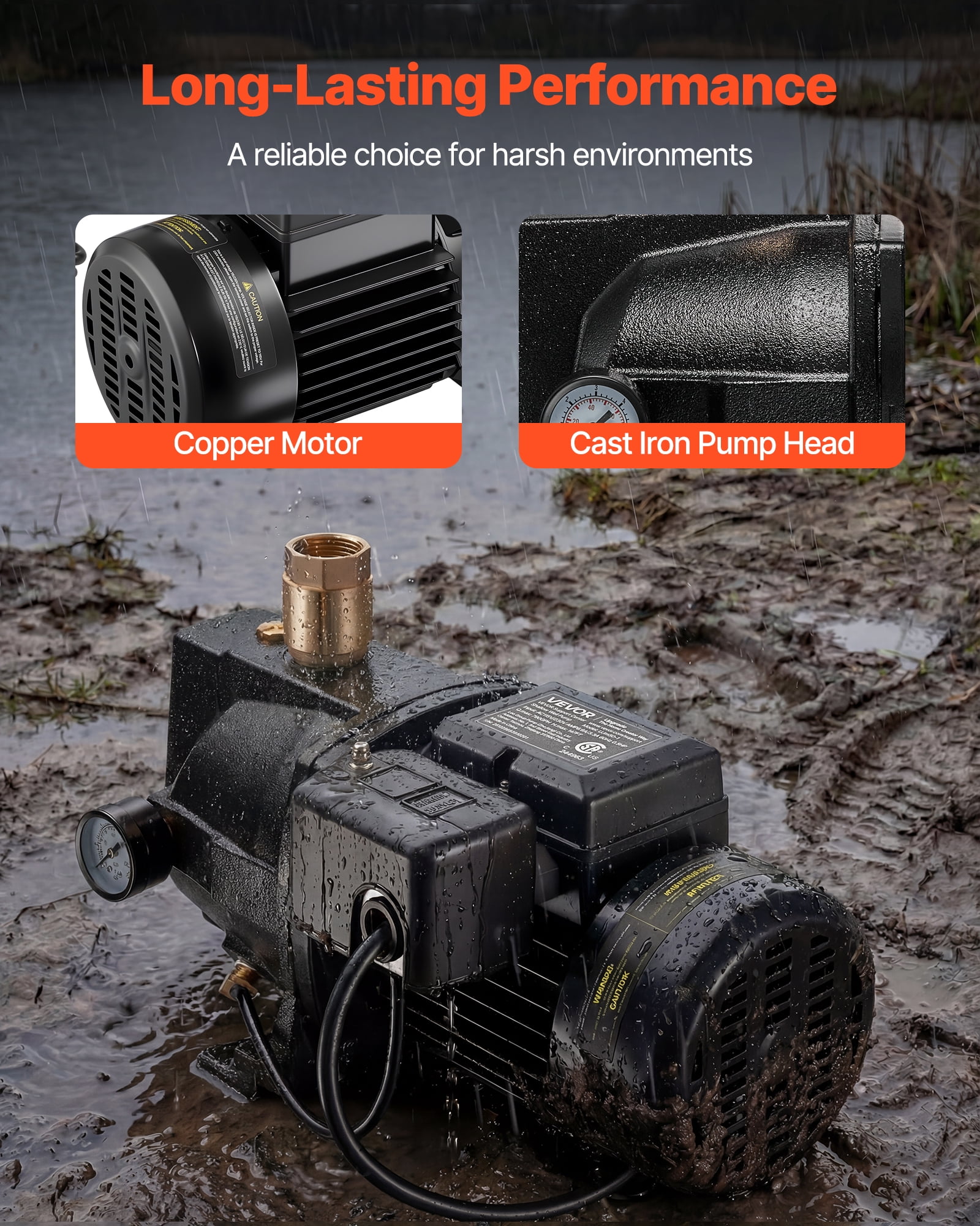 VEVOR 1/2 HP Shallow Well Jet Pump, AC 115/230 Volt, 790 GPH Dual Voltage Cast Iron Well Jet Pump, with 147 ft Max Head Lift, Automatic Pressure Switch, for Garden Irrigation Lawn Sprinkler System