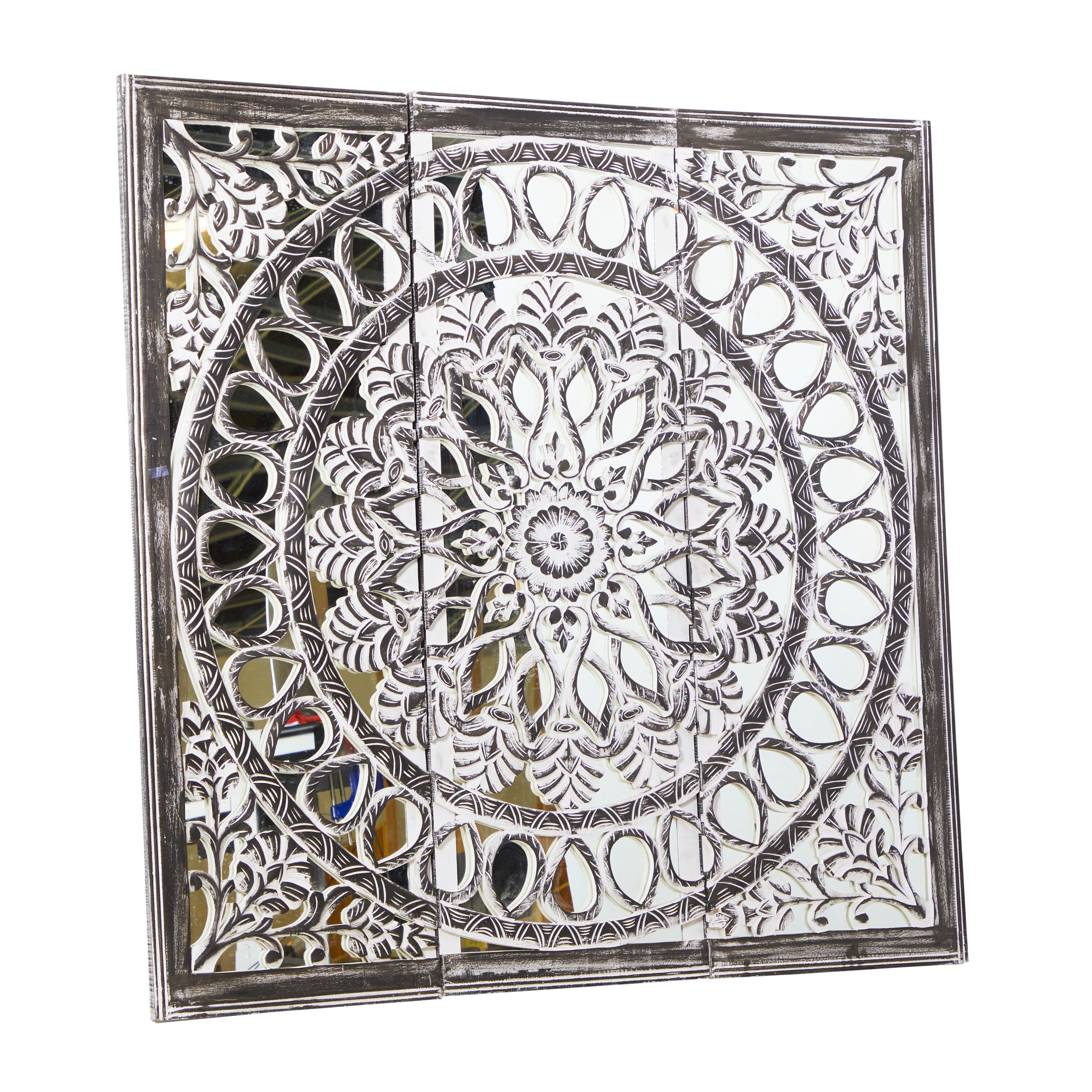 DecMode Black Wooden Handmade Carved Mandala Floral Wall Decor with Mirrored Back Frame (3 Count)