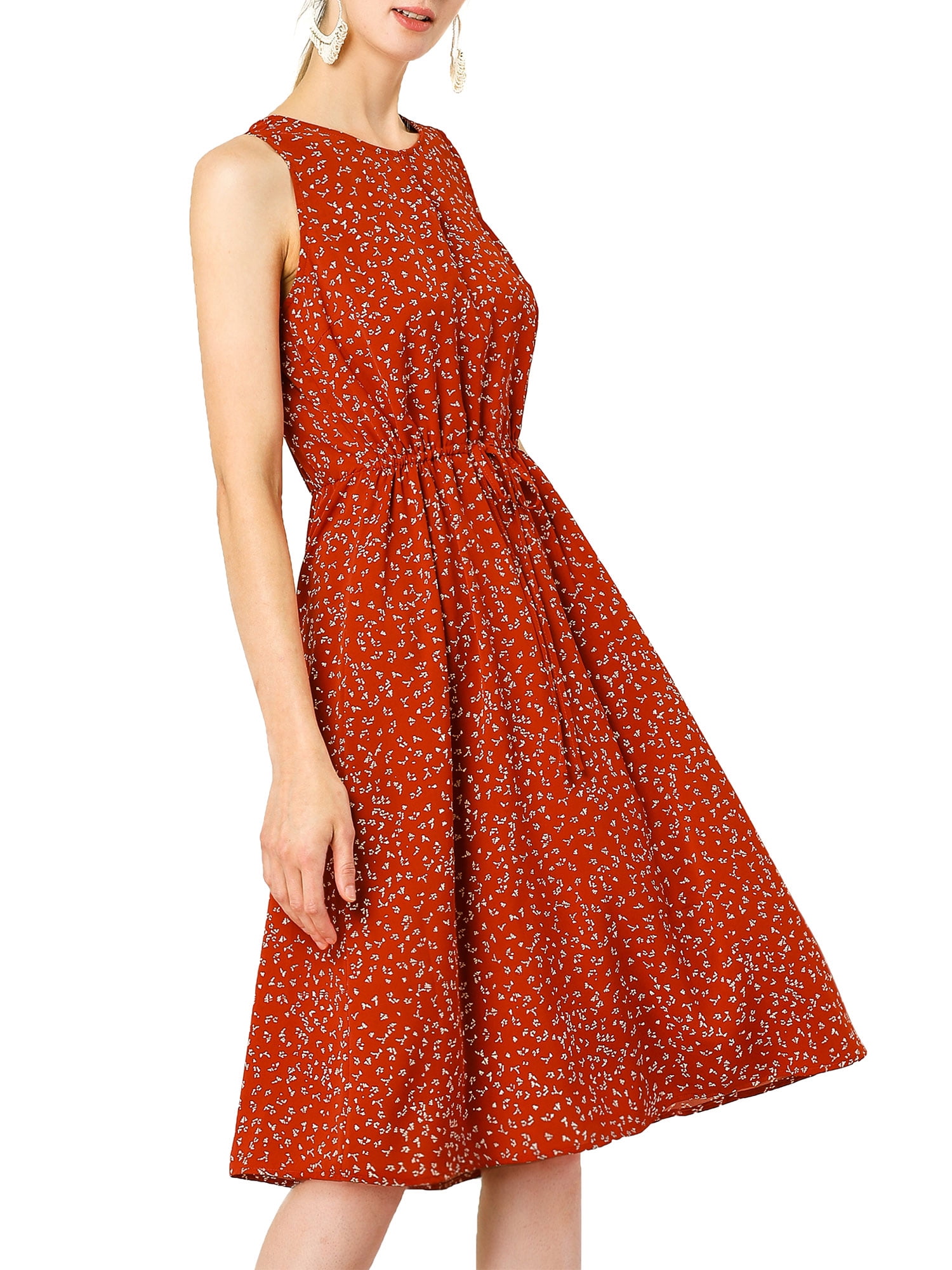 DARING DIVA Floral Sleeveless Drawstring Waist A-Line Dress L Red