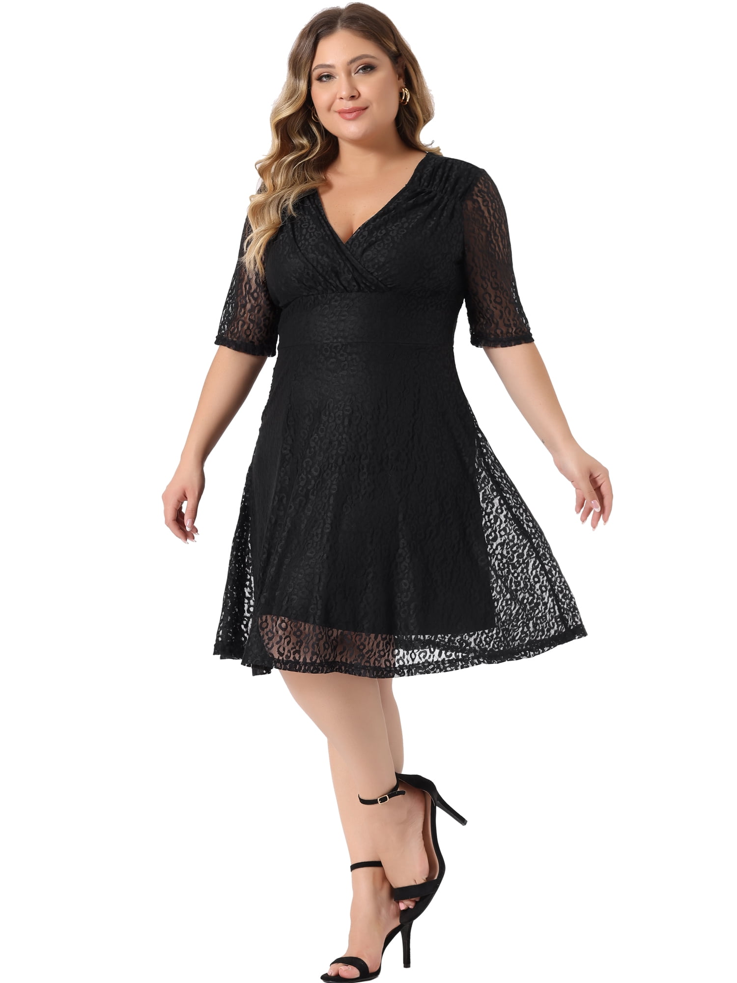DARING DIVA V Neck Swing A-Line Cocktail Wedding Midi Lace Dress 1X Black