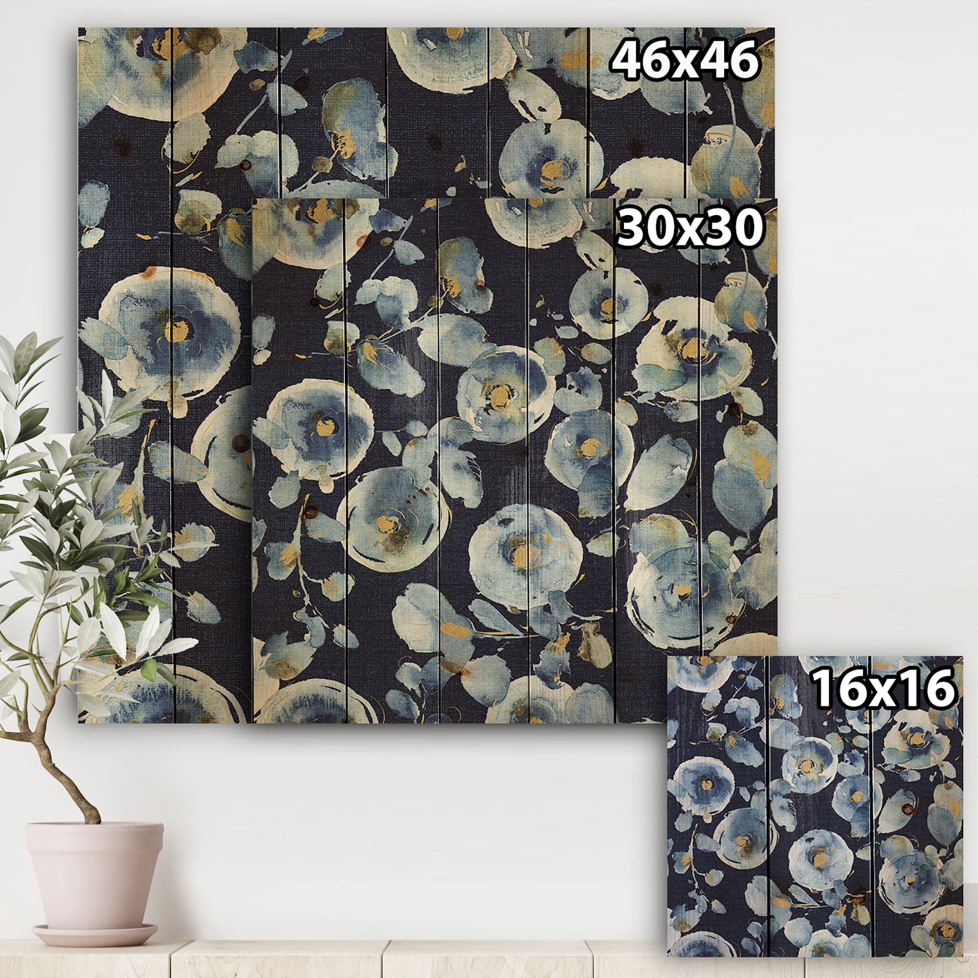 Designart 'Metallic Indigold Flower Pattern I' Floral Print on Natural Pine Wood