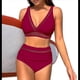 thumbnail image 3 of Bikini de Cintura Alta de para Mujer, Traje de Baño con Cuello en V y Control de Abdomen. Vino Tinto XL, 3 of 7