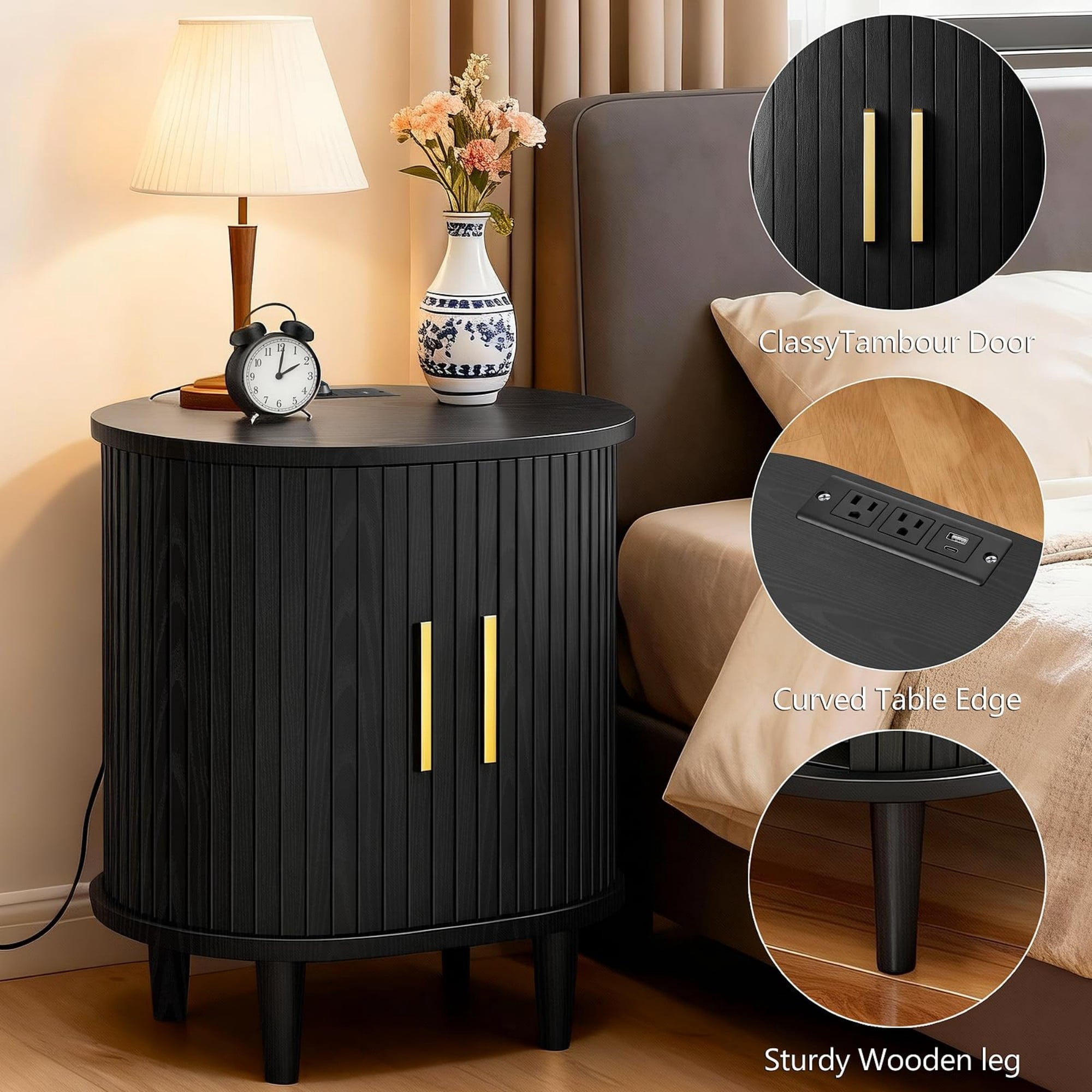 Mid Century Modern Nightstand with Charging Station, Fluted Side Table with Sliding Door & Adjustable Shelf, Black