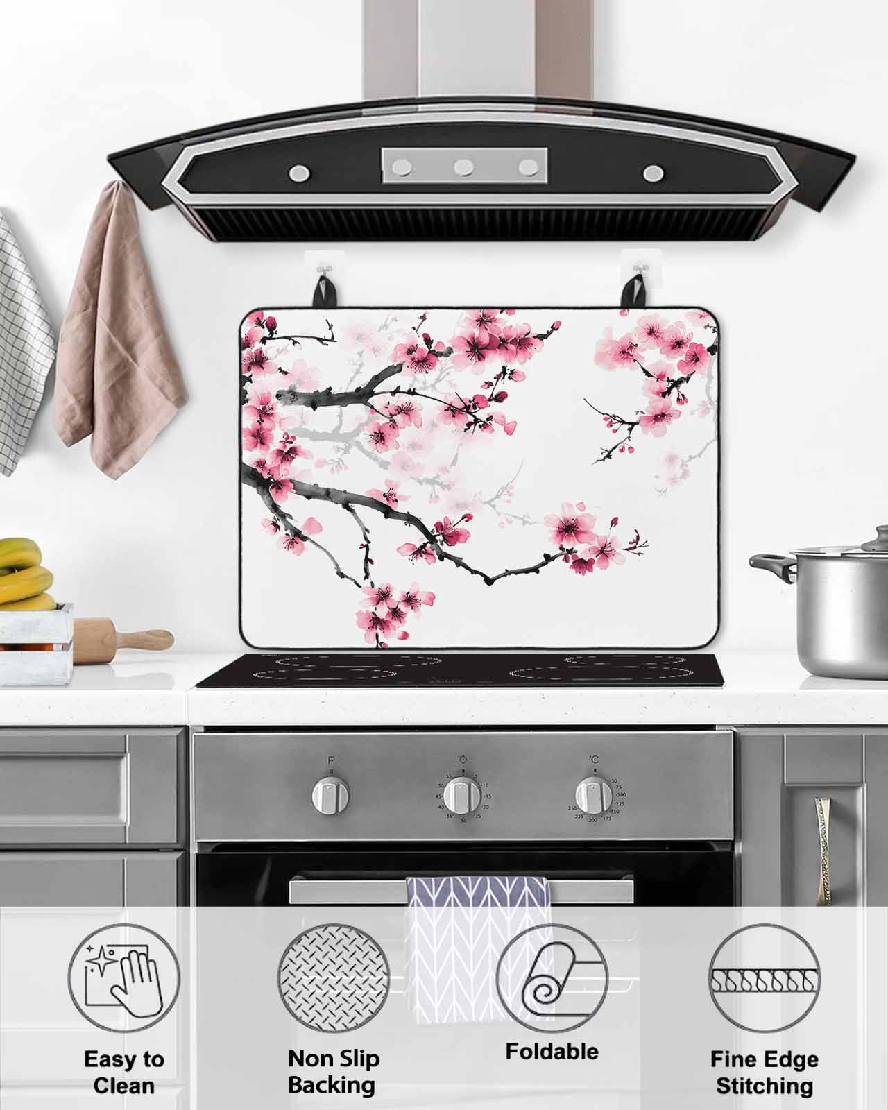 nqOlkjepod Large Induction Cooktop Protector Mat 24"x21", Cherry Blossoms Stove Top Covers for Electric Stove, Pink Pastoral Modern Gradient Spring Stove Burner Cover Mats, Glass Top Stove Cover