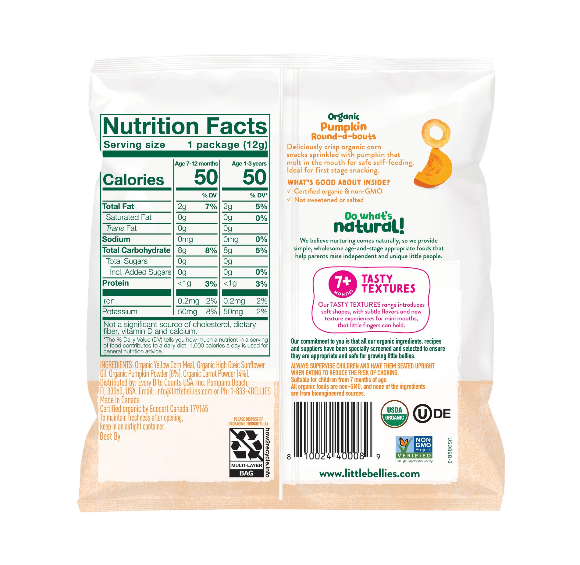 Little Bellies Organic Pumpkin Round-a-bouts, Baby & Toddler Puff Snack, 7+ Months, 0.42 oz, 9 Ct.