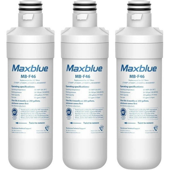 Maxblue MDJ64844601 NSF Certified Refrigerator Water Filter, Replacement for LG LT1000P, LT1000PC, LT1000PCS, MDJ64844601, ADQ747935, ADQ74793501, ADQ74793502, Kenmore 469980, 9980, Pack of 3