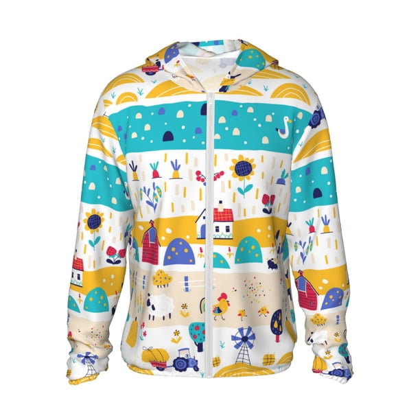 Balery Funny Farm Sudadera ligera de manga larga con capucha y protección solar UPF 50+ para hombre y mujer, ideal para pesca y running-Large