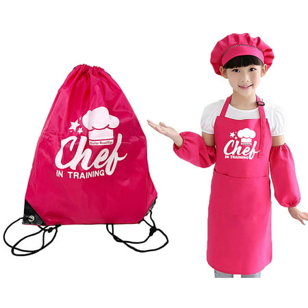 Childrens Apron Set for Boys and Girls with Matching Drawstring Sling Bag, Adjustable Kitchen Aprons with Chef Hat and Sleeves for Kids Chef in Training Costume and Pretend Play