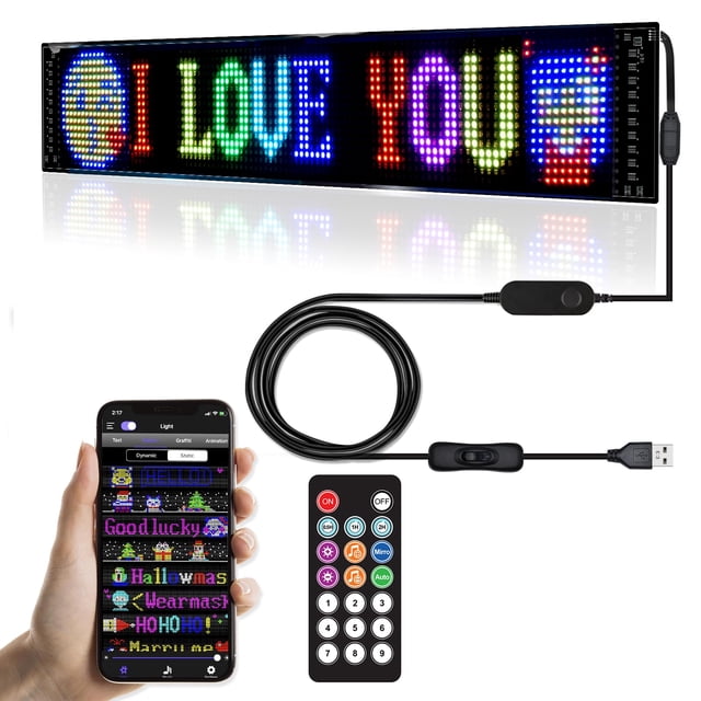 Panneaux LED Programmables, Affichage LED Flexible à Défilement, Contrôle par Application Bluetooth, Modifier Texte, Graffiti, Animations, pour Voiture, Bar, Magasin (23"x 5 Pouces)