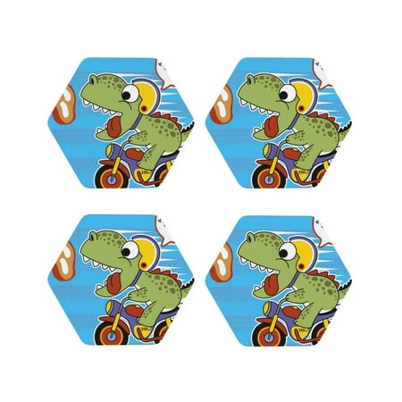

Fuzoiu Dinosaur Riding a Motorcycle Print Leather Coasters Set Drink Coasters Set of 4 for Tabletop Protection Durable PVC Coasters Home Décor and Housewarming Gift-Hexagon