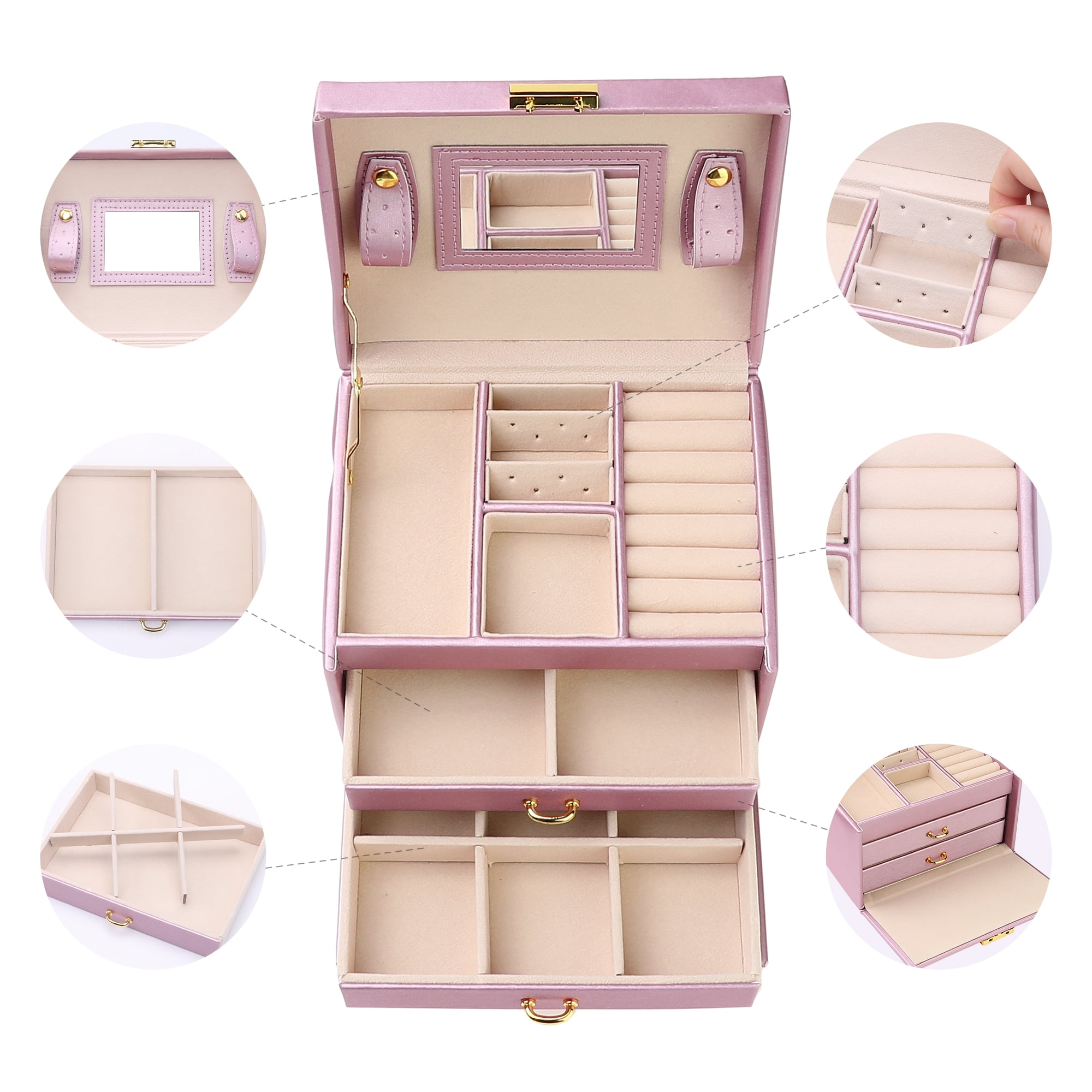 Unique Bargains 3 Layer Jewelry Box with Mirror for Women PU Leather Jewelry Organizer Purple