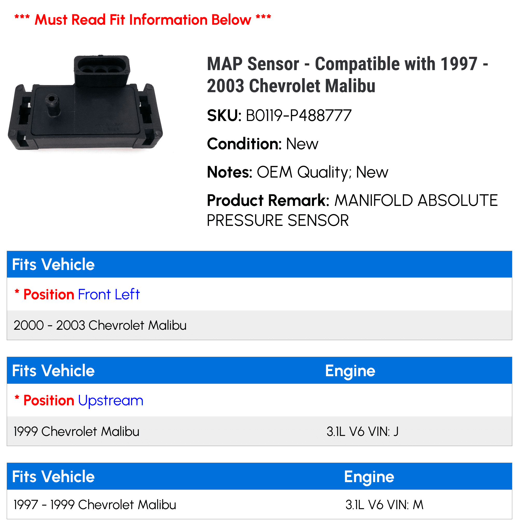 MAP Sensor - Compatible with 1997 - 2003 Chevy Malibu 1998 1999 2000 2001 2002